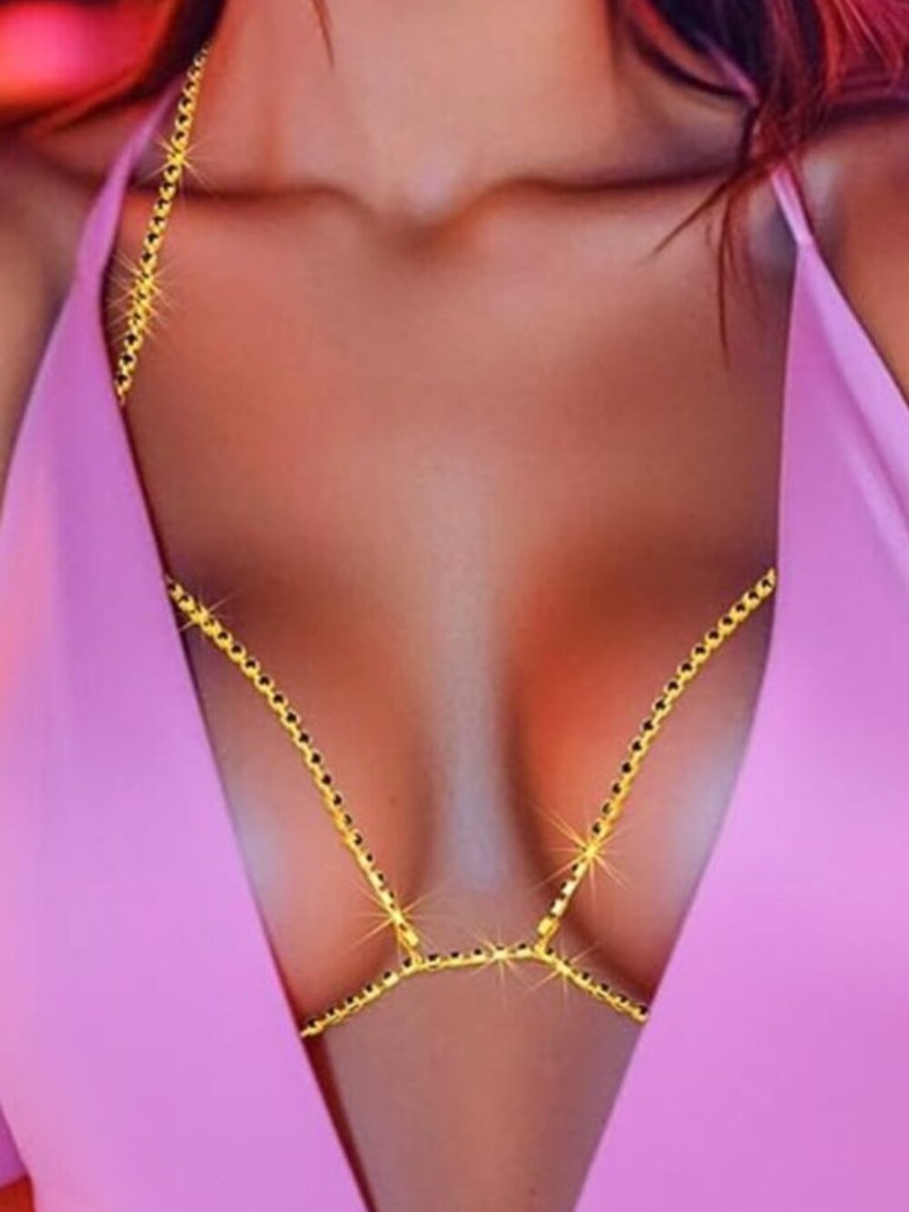 18K Gold Tone & Emerald Green Chain Bra
